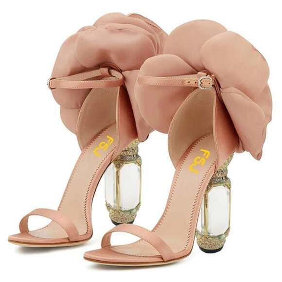 NIB FSJ Blush Satin Floral Sandals Crystal Decorative Heel Bridal Shoes - Picture 4 of 5